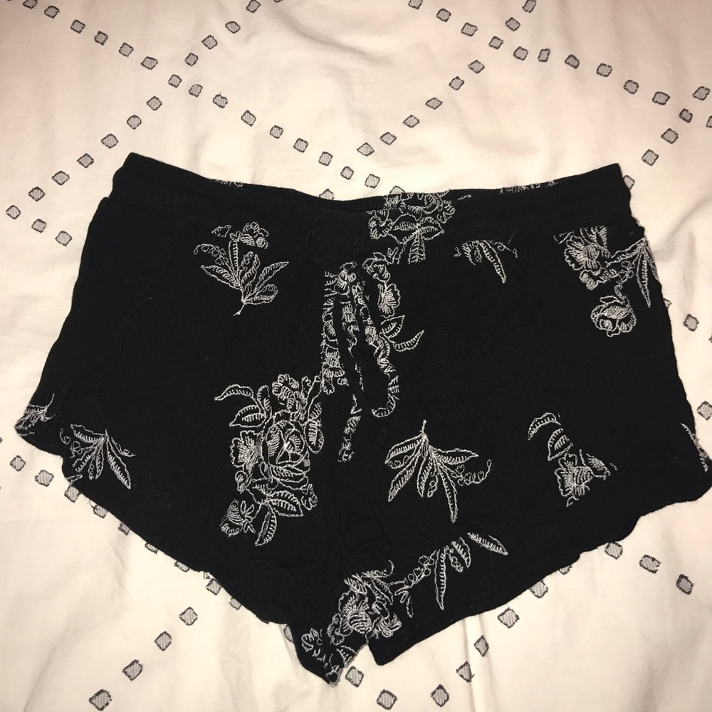 Black Flowy Shorts with White Flowers